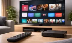 Moderner Fernseher mit Streaming-Oberfläche und Fernbedienung im Wohnzimmer, symbolisch für MagentaTV Umstellung und neue TV-Plattform