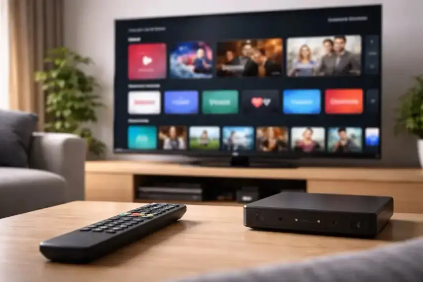 Moderner Fernseher mit Streaming-Oberfläche und Fernbedienung im Wohnzimmer, symbolisch für MagentaTV Umstellung und neue TV-Plattform