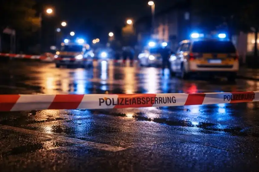 Abgesperrte Straße mit Polizeiband und Blaulicht nach Messerangriff in Solingen, Einsatzfahrzeuge im Hintergrund