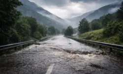 Überflutete Straße bei Starkregen in Italien mit dunklen Wolken und hügeliger Landschaft im Hintergrund