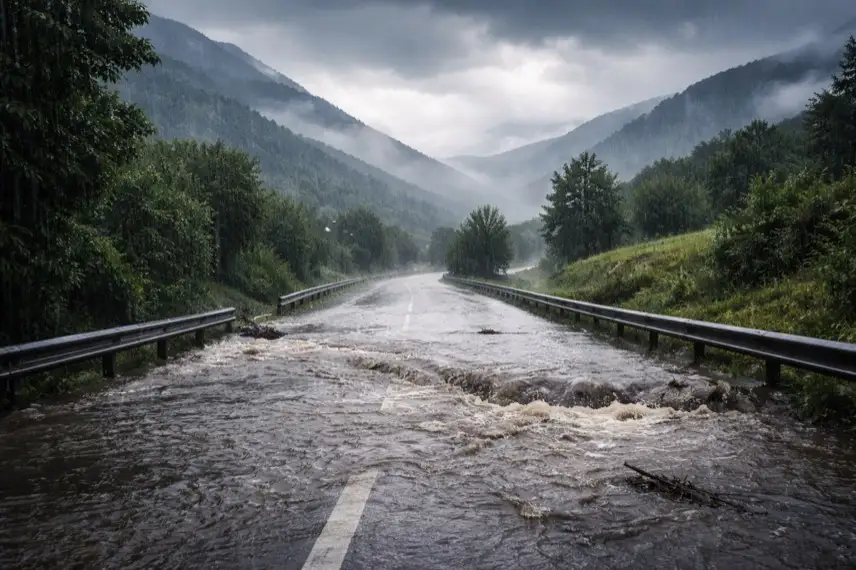Überflutete Straße bei Starkregen in Italien mit dunklen Wolken und hügeliger Landschaft im Hintergrund