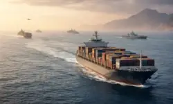 Frachtschiffe auf See nahe Straße von Hormus während geopolitischer Spannungen zwischen USA und Iran