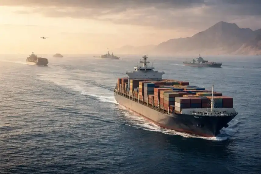 Frachtschiffe auf See nahe Straße von Hormus während geopolitischer Spannungen zwischen USA und Iran