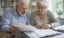 Älteres Paar prüft gemeinsam Steuerbescheid mit Dokumenten und Taschenrechner zur Doppelbesteuerung der Rente