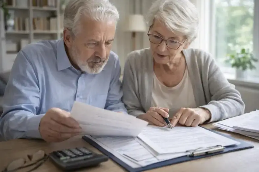 Älteres Paar prüft gemeinsam Steuerbescheid mit Dokumenten und Taschenrechner zur Doppelbesteuerung der Rente