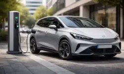 Kompakter Elektro-Kleinwagen an Ladesäule in Stadt, modernes E-Auto im urbanen Umfeld, Elektromobilität Kleinwagen