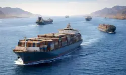 Frachtschiffe fahren durch Meerenge bei ruhigem Wasser, Symbol für Straße von Hormus und Waffenruhe im Iran-Konflikt