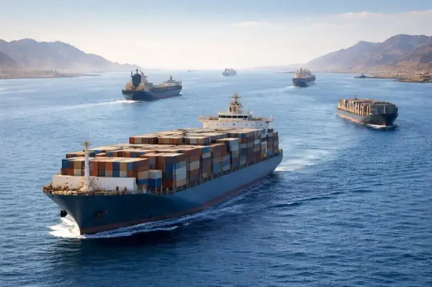 Frachtschiffe fahren durch Meerenge bei ruhigem Wasser, Symbol für Straße von Hormus und Waffenruhe im Iran-Konflikt