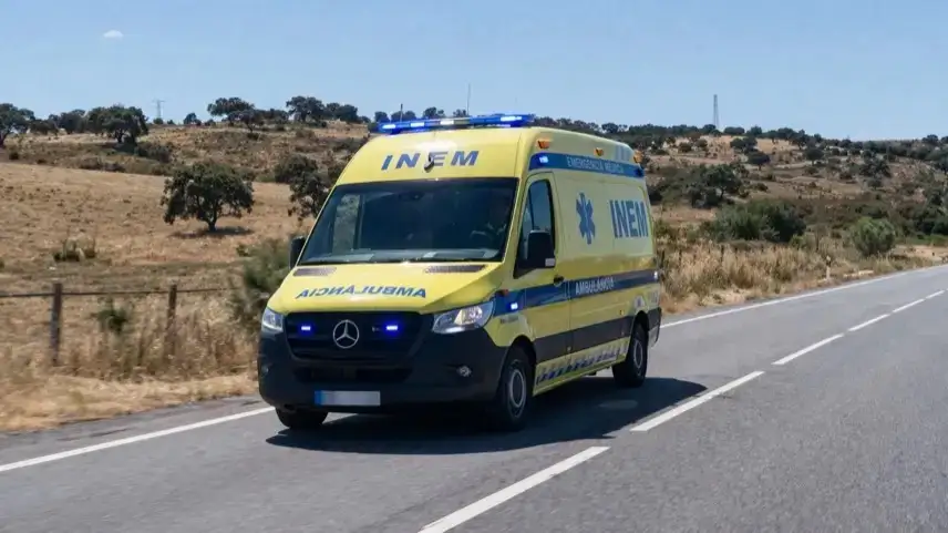 Beschädigte Autos nach Frontalcrash auf Landstraße in Portugal, Unfallstelle mit Trümmern und Blaulicht im Hintergrund