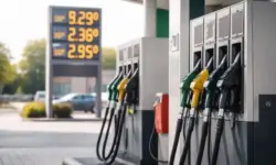 Tankstelle mit Zapfsäulen und digitaler Anzeige hoher Spritpreise für Benzin und Diesel