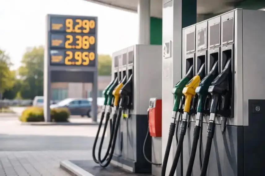 Tankstelle mit Zapfsäulen und digitaler Anzeige hoher Spritpreise für Benzin und Diesel