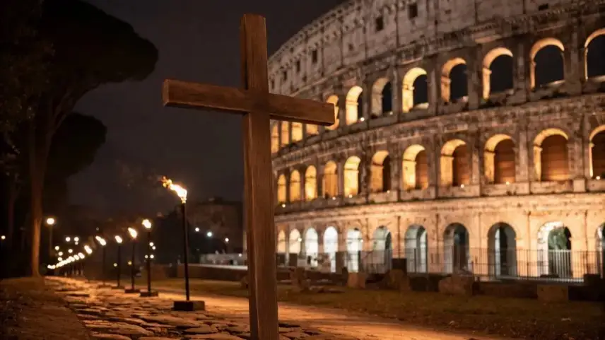 Kreuzweg am Kolosseum bei Nacht, beleuchtetes Amphitheater und getragenes Holzkreuz in ruhiger Prozession