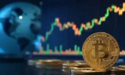 Steigende Bitcoin Kurslinie auf digitalem Finanzdiagramm vor unscharfem globalem Markt-Hintergrund