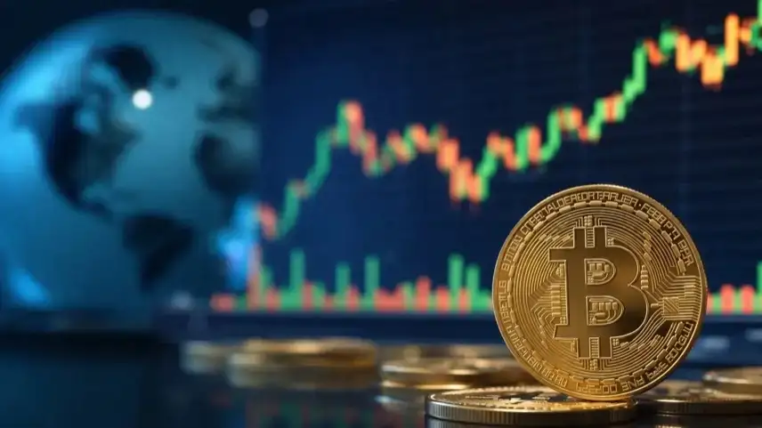 Steigende Bitcoin Kurslinie auf digitalem Finanzdiagramm vor unscharfem globalem Markt-Hintergrund