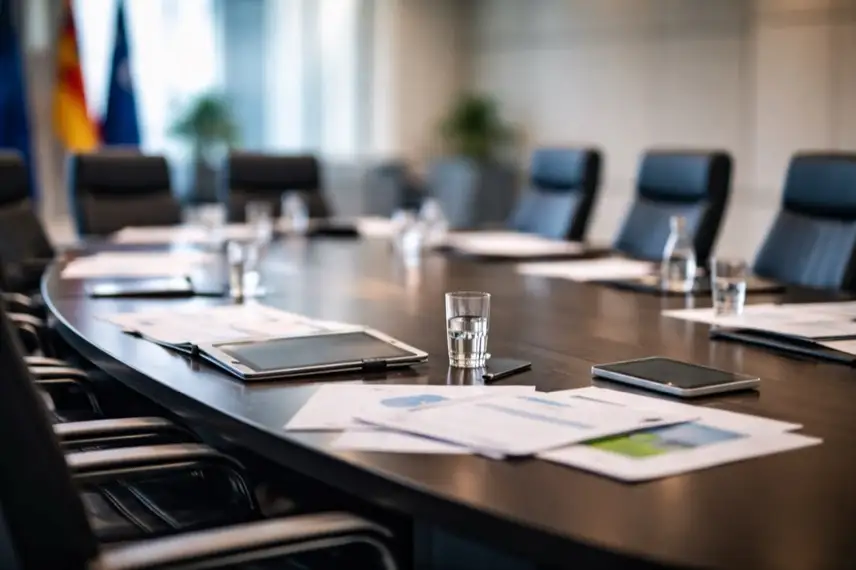 Leerer Konferenzraum mit Tisch, Stühlen und Dokumenten als Symbol für politische Konflikte in der Energiepolitik unter Kanzler Merz