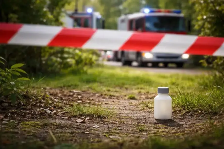 Abgesperrter Garten mit Kunststoffflasche und Einsatzfahrzeugen nach Polonium-210-Fund bei Gefahrstoff-Einsatz