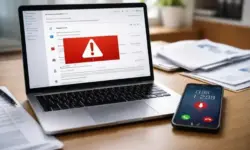 Laptop mit geöffneter E-Mail und Smartphone mit Anruf, Darstellung von Phishing-Mails und Telefonbetrug im Alltag