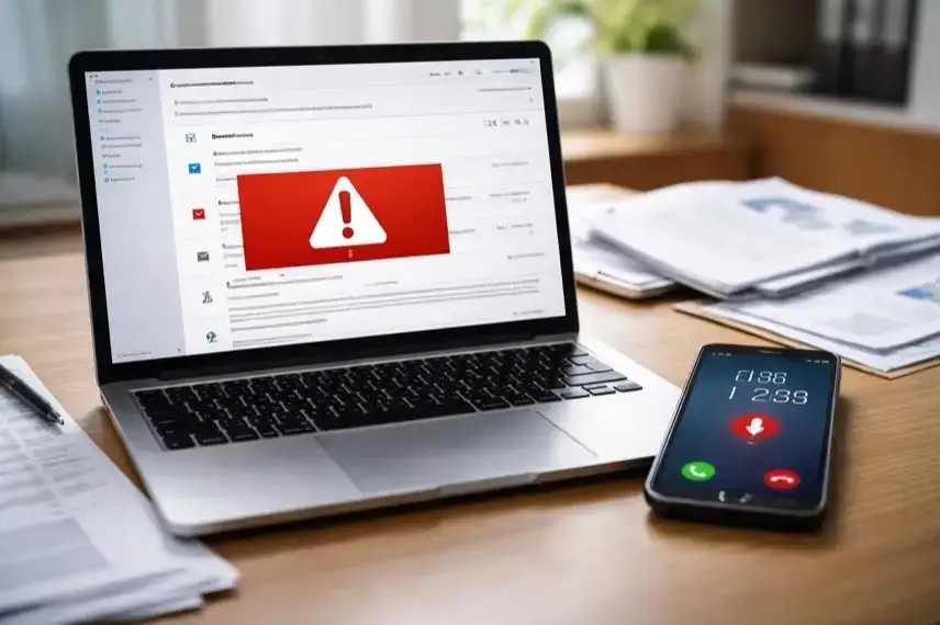 Laptop mit geöffneter E-Mail und Smartphone mit Anruf, Darstellung von Phishing-Mails und Telefonbetrug im Alltag