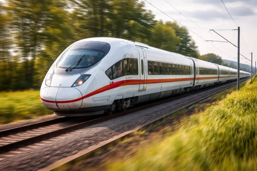 Zug am Bahnhof neben Tankstelle mit Autos zeigt Zusammenhang zwischen hohen Spritpreisen und Bahnverkehr in Deutschland