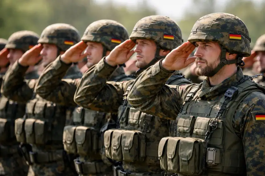 Soldaten in Uniform salutieren in Formation als Symbol für Wehrpflicht und militärischen Dienst in Deutschland