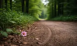 Waldweg im Odenwald mit Blume am Wegesrand und Fahrradspur, Ort eines Messerangriffs in Breuberg Hessen