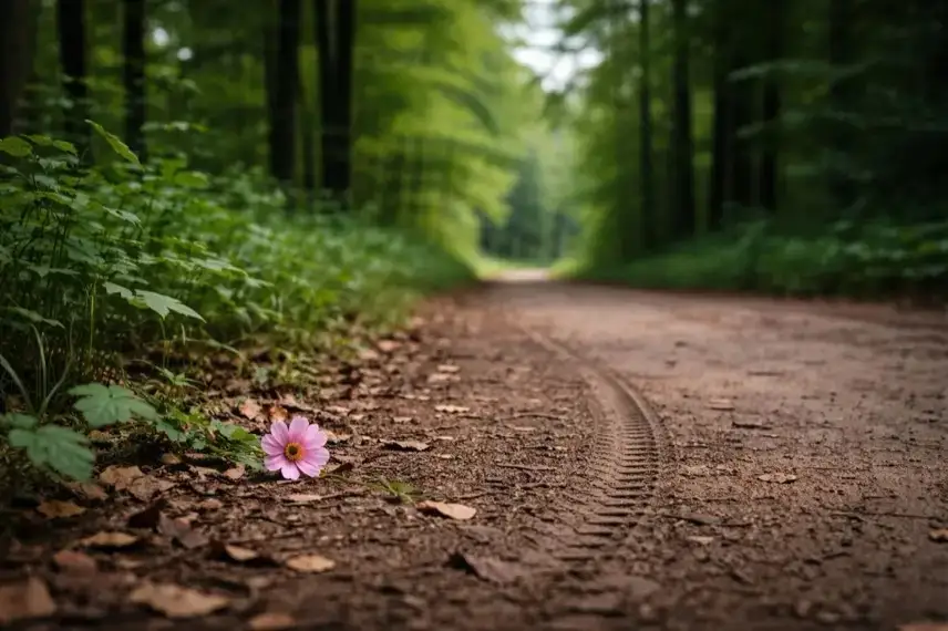Waldweg im Odenwald mit Blume am Wegesrand und Fahrradspur, Ort eines Messerangriffs in Breuberg Hessen