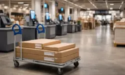 Möbelkartons auf Wagen nahe Selbstbedienungskassen in Möbelhaus, Szene eines möglichen Ikea-Diebstahls in Portugal