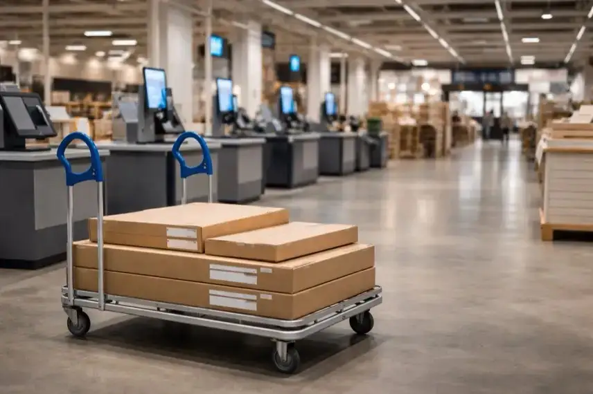 Möbelkartons auf Wagen nahe Selbstbedienungskassen in Möbelhaus, Szene eines möglichen Ikea-Diebstahls in Portugal