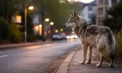 Wolf steht am Rand eines Gehwegs in Hamburg mit Häusern und Straßenlaternen im Hintergrund