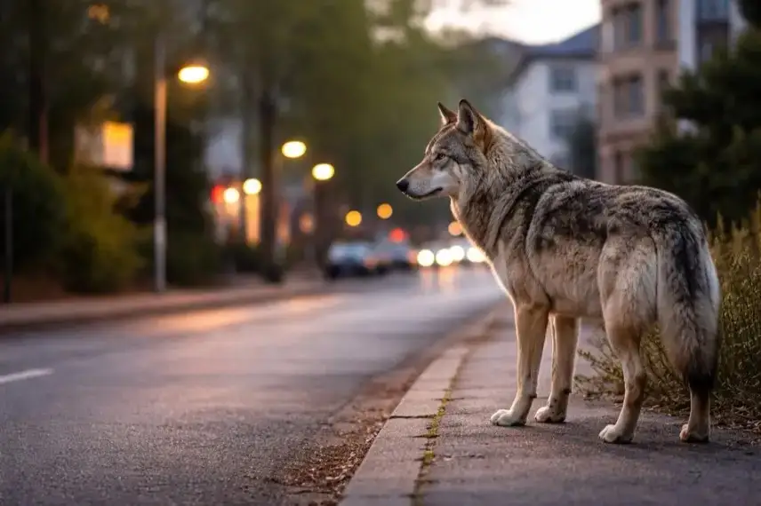 Wolf steht am Rand eines Gehwegs in Hamburg mit Häusern und Straßenlaternen im Hintergrund